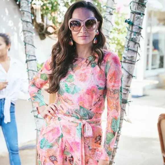 Ala Von Auersperg Mesh Top Taj‎ Floral Print Sheer Long Sleeve Tie Waist Pink M - Picture 6 of 16